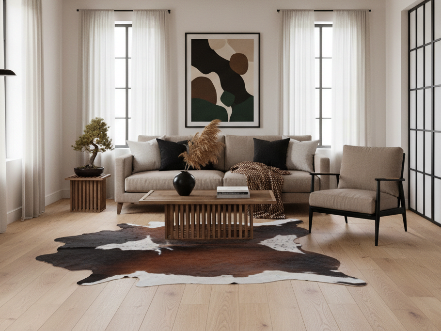Chocolate Brown and White Tricolor Panda Print Cowhide Rug