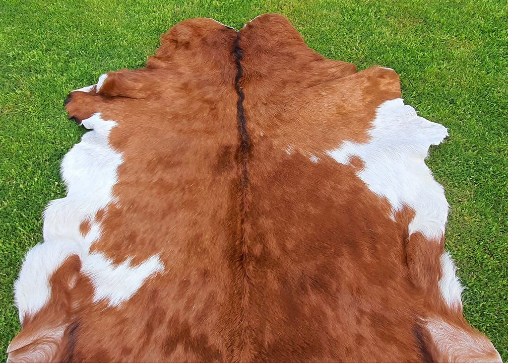 Brown and White Tricolor Goatskin Rug
