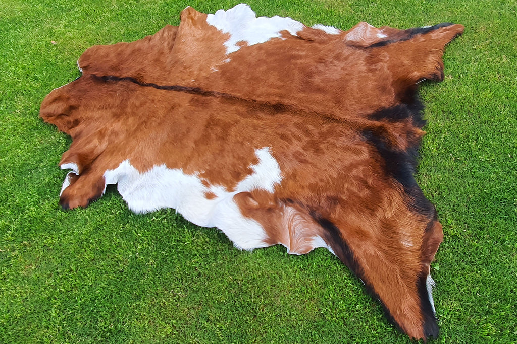 Brown and White Tricolor Goatskin Rug