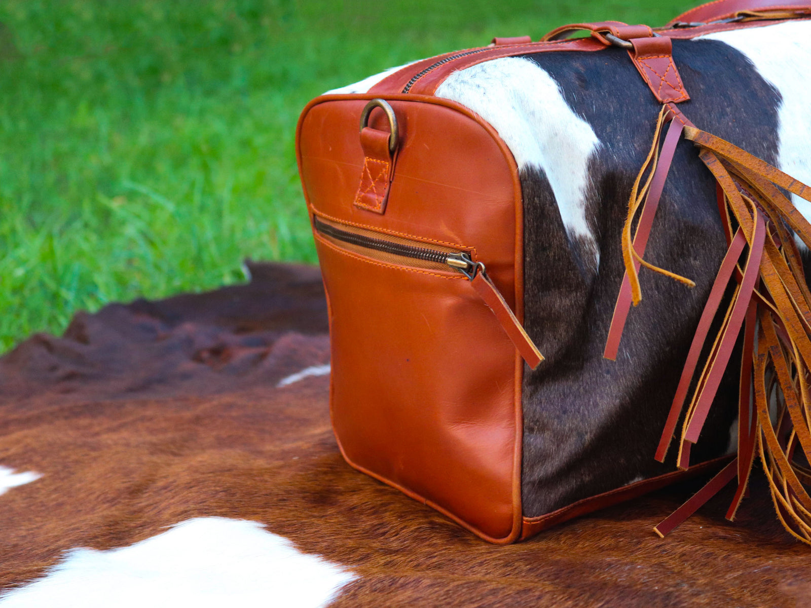 Duffel Bag with Fringe Tassels – Chocolate Brown and White