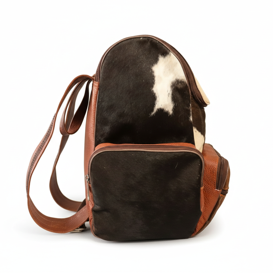 Cowhide Backpack Bag - Brown and White