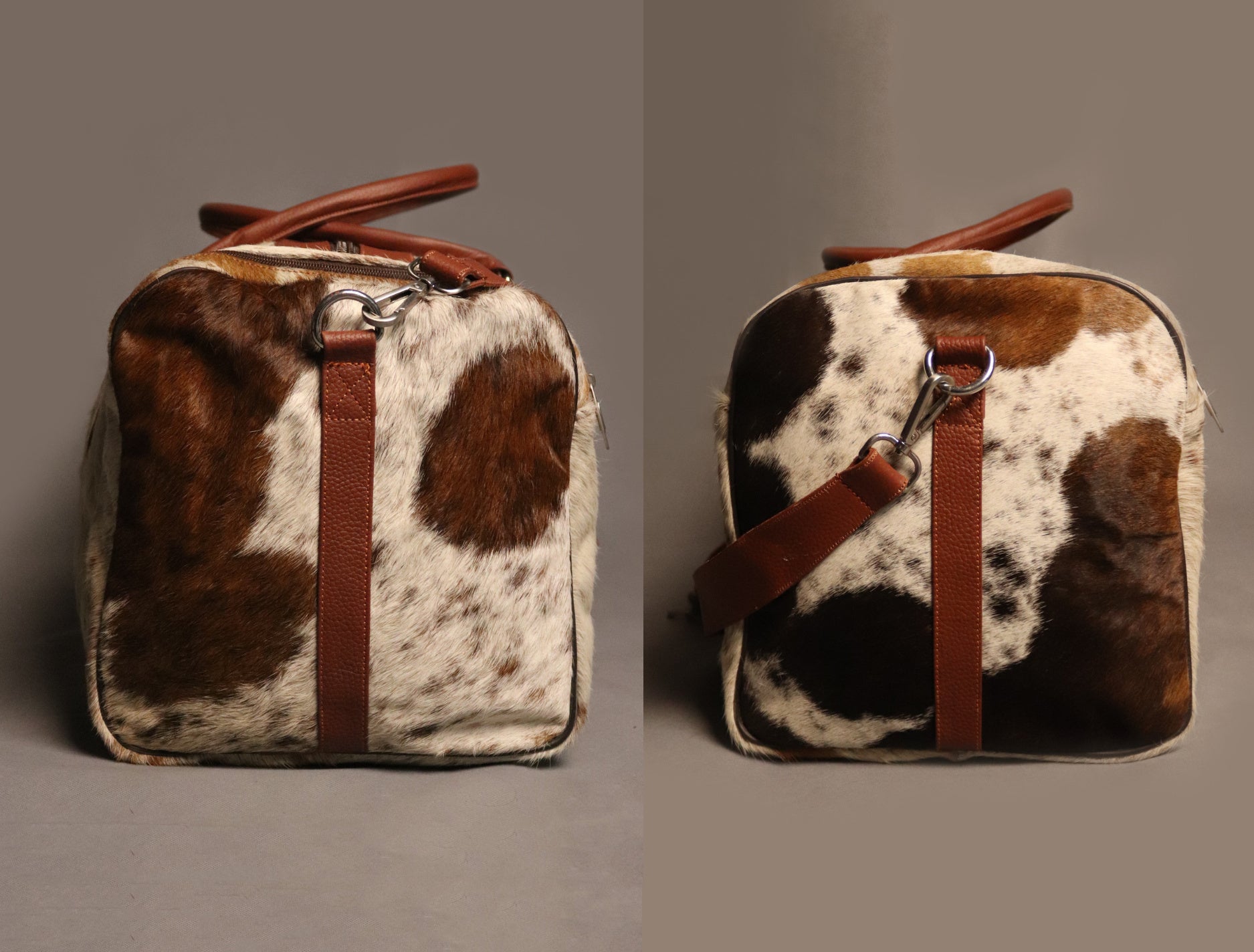 Cowhide Duffel Bag - Brown and White