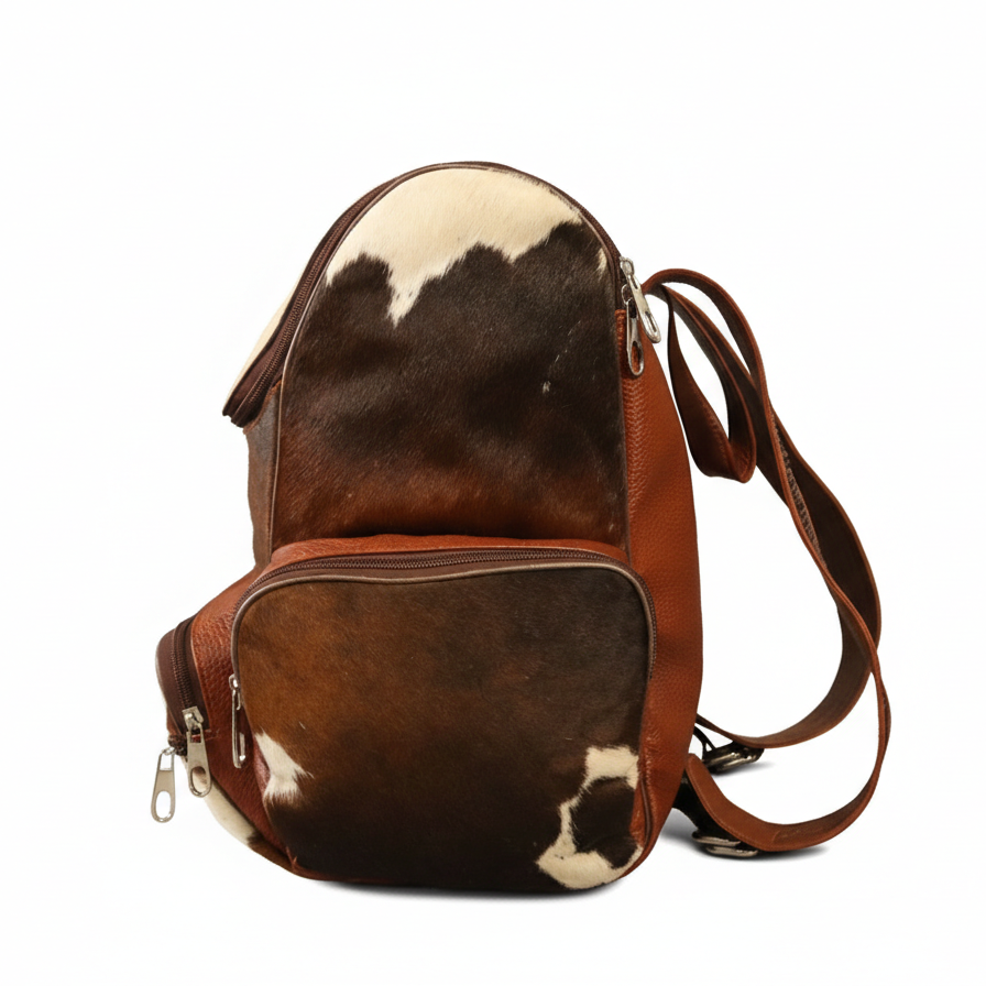 Cowhide Backpack Bag - Brown and White