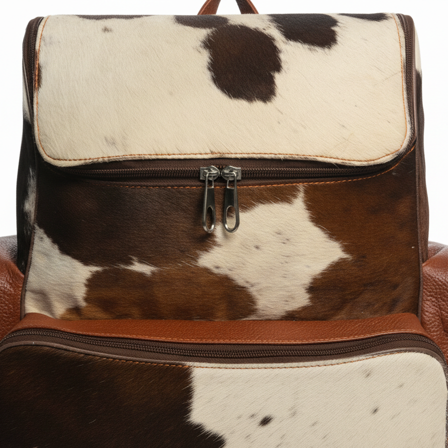 Cowhide Backpack Bag - Brown and White