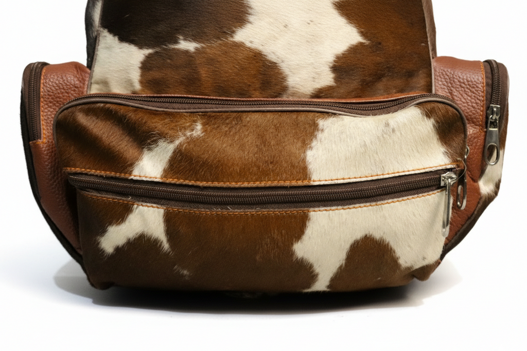 Cowhide Backpack Bag - Brown and White
