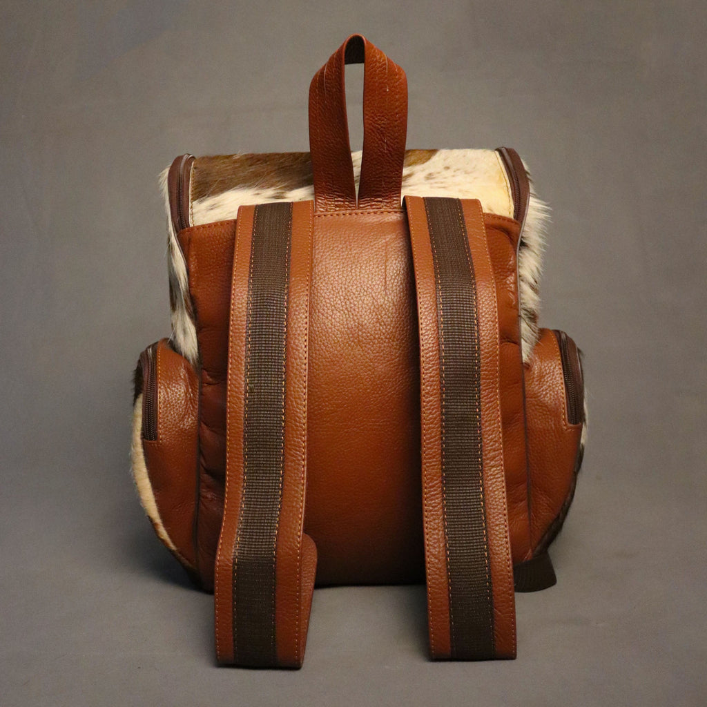 Cowhide Backpack Bag - Brown and White
