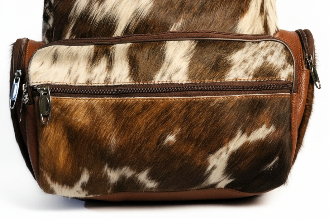 Cowhide Backpack Bag - Brown and White