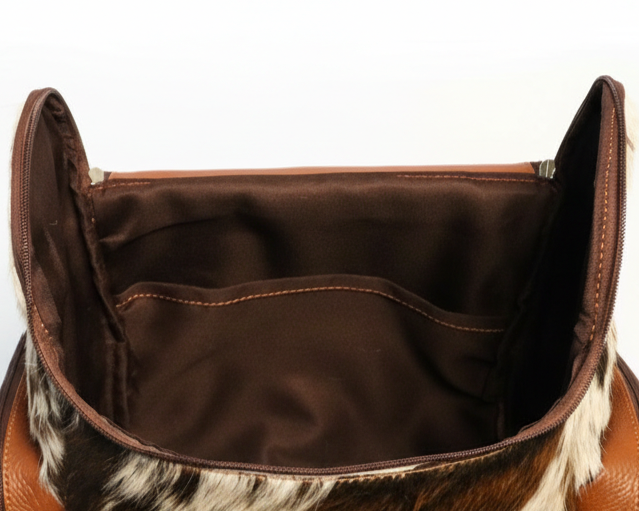 Cowhide Backpack Bag - Brown and White