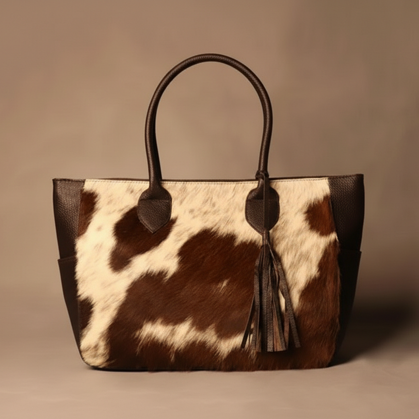 Cowhide Tote Bag - Brown and White