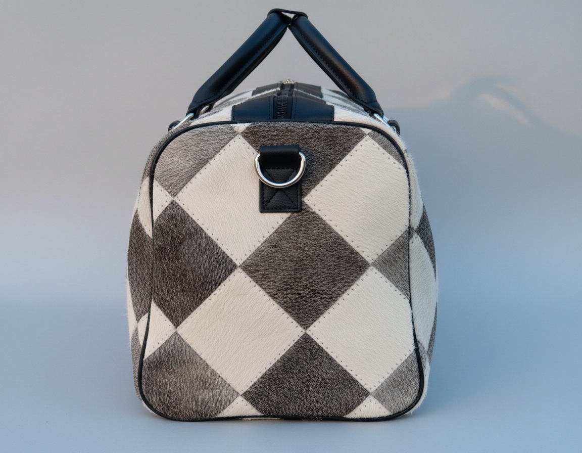 Cowhide Patchwork Duffel Bag - Grey and White Color