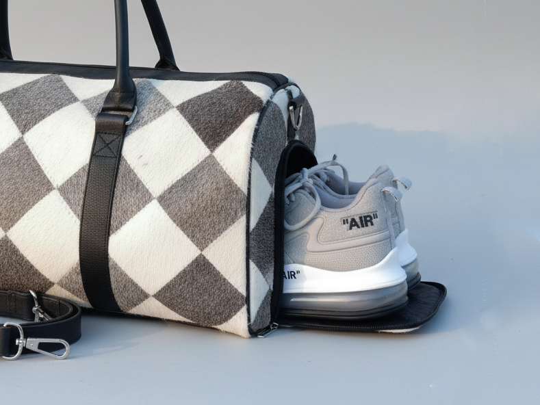 Cowhide Patchwork Duffel Bag - Grey and White Color