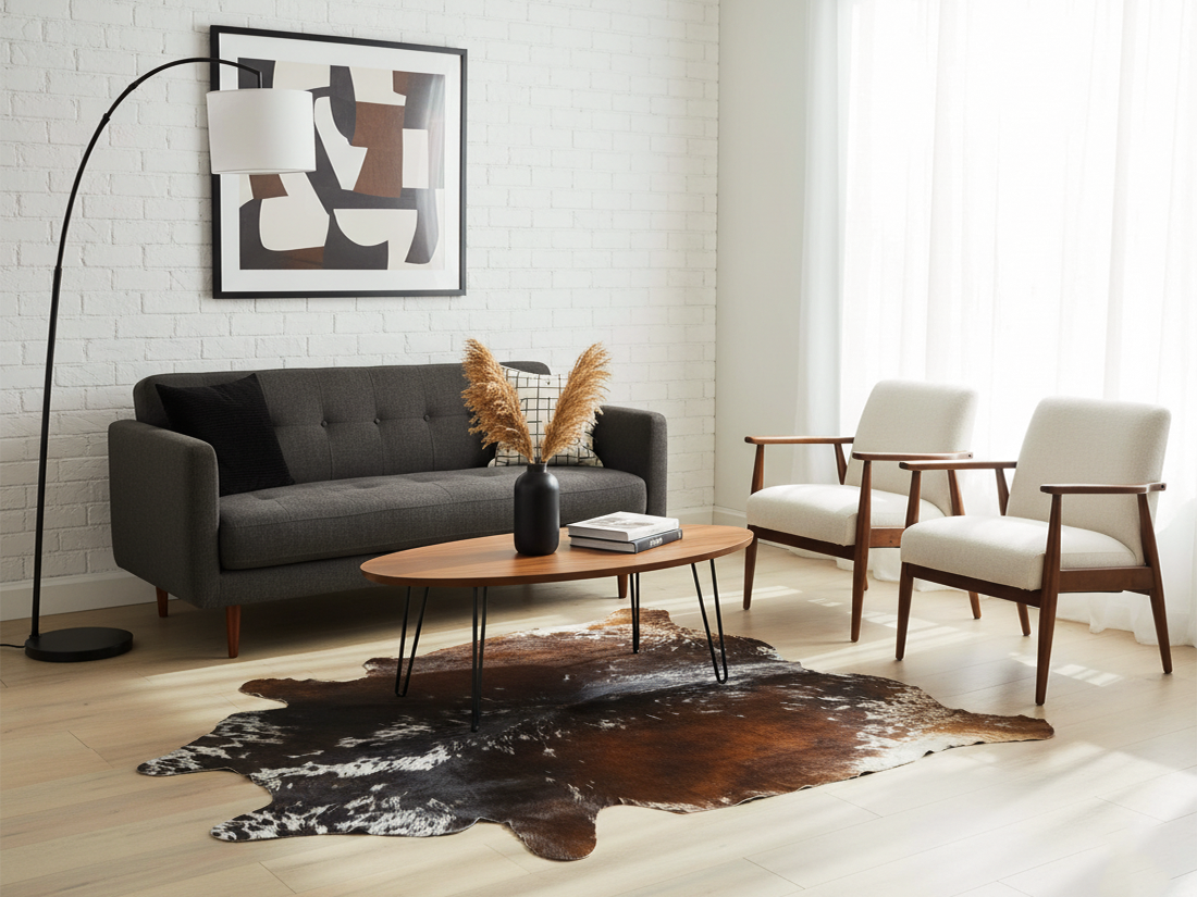 Reddish Brown and White Tricolor Cowhide Rug