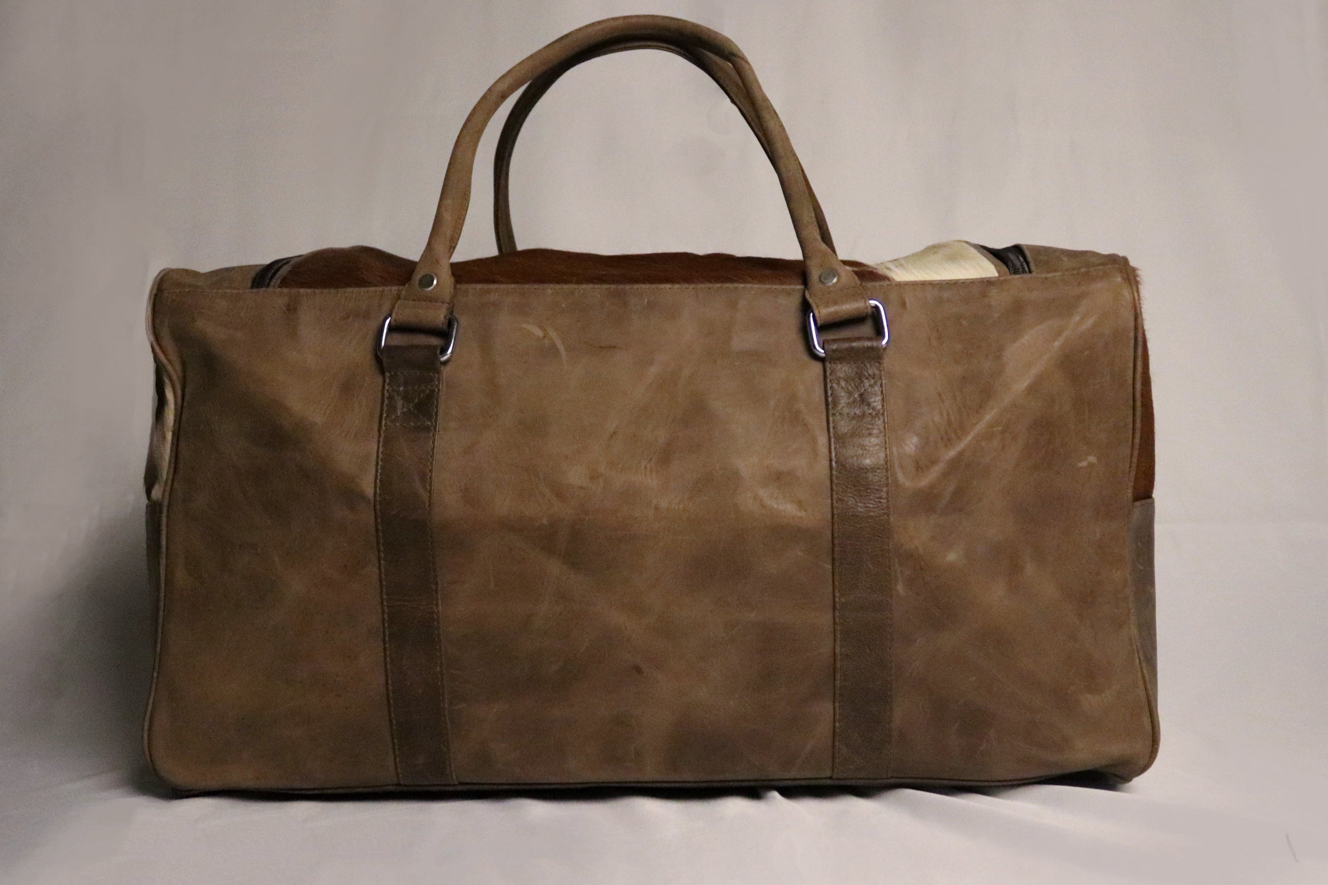 Cowhide Duffel Bag - Brown and White