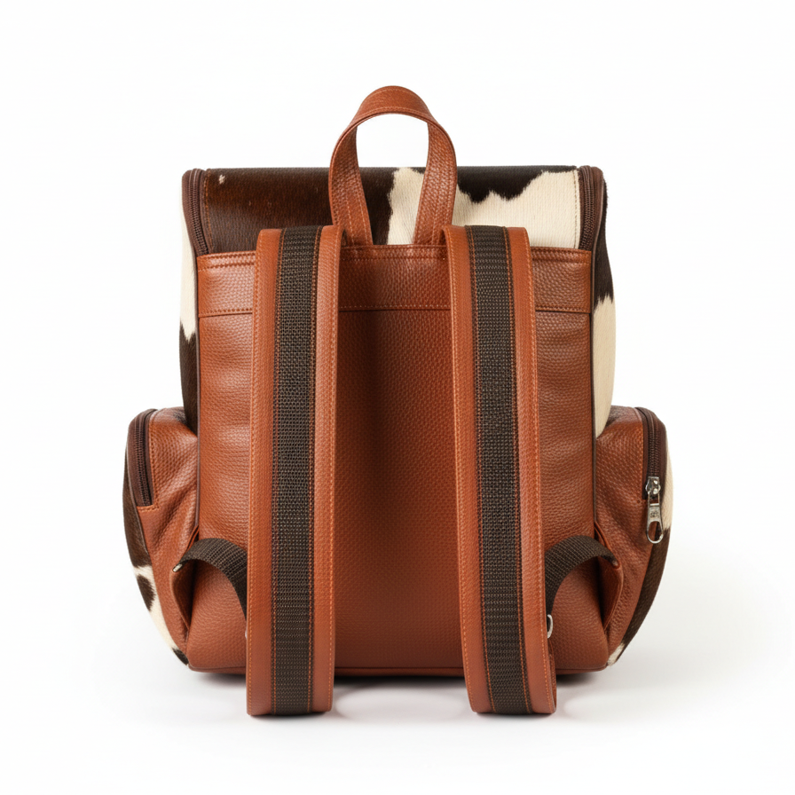 Cowhide Backpack Bag - Brown and White