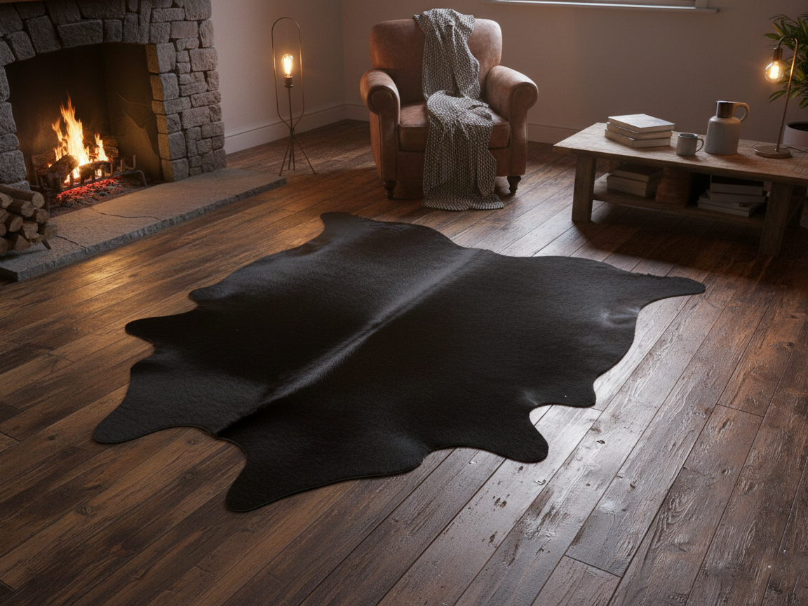 Luxury Black Hair-On Cowhide Rug for Home Decor