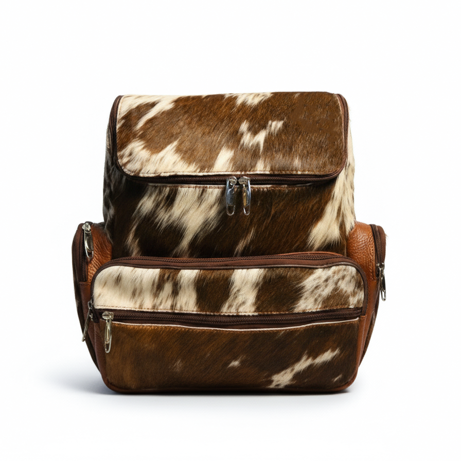 Cowhide Backpack Bag - Brown and White