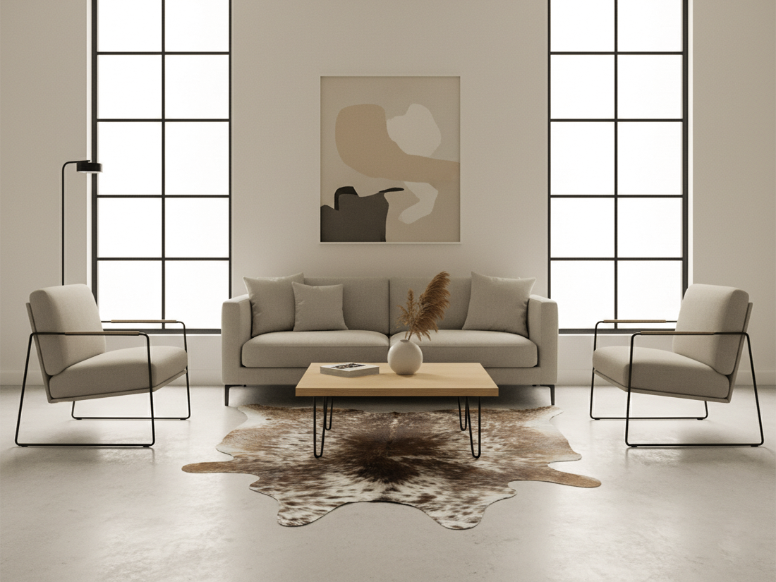 Beige and White Tricolor Speckled Cowhide Rug
