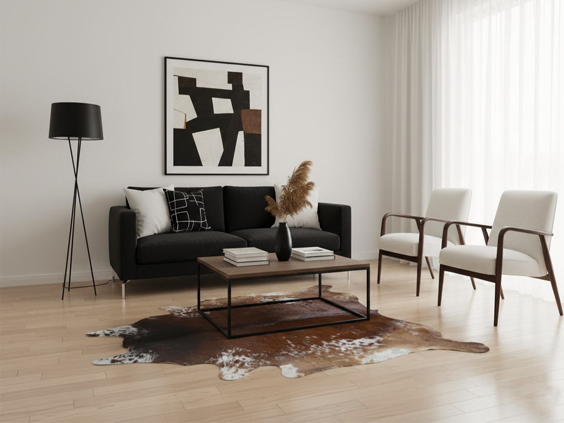 Luxury Tricolor Cowhide Rug with Tan Brown Base