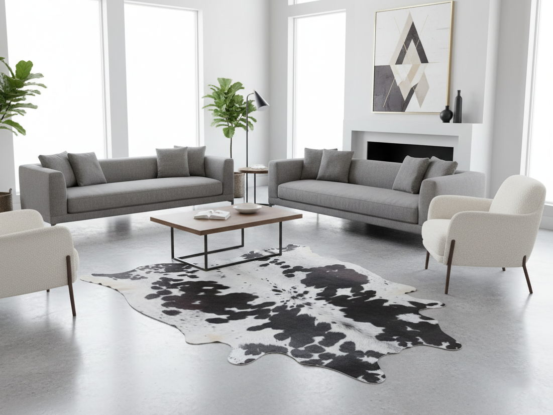 Premium Black and White Cowhide Rug with Tricolor Shade