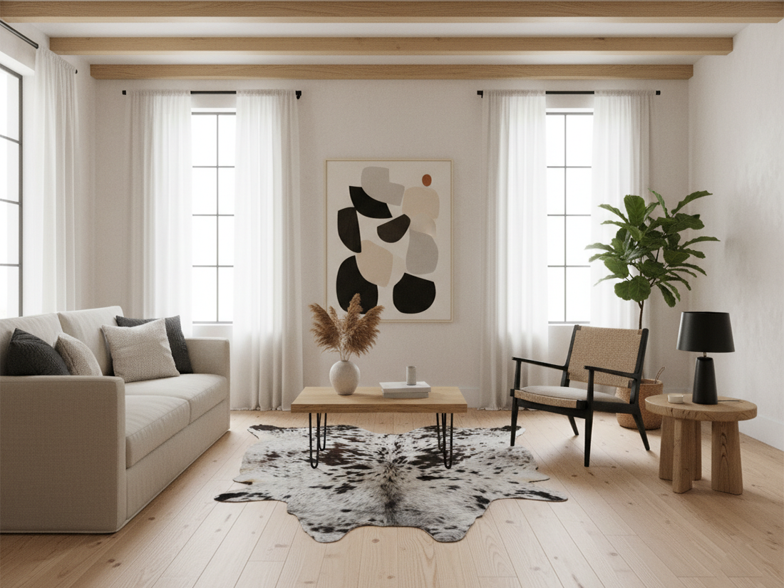 Chocolate Brown and White Cowhide Rug with Salt and Pepper Print
