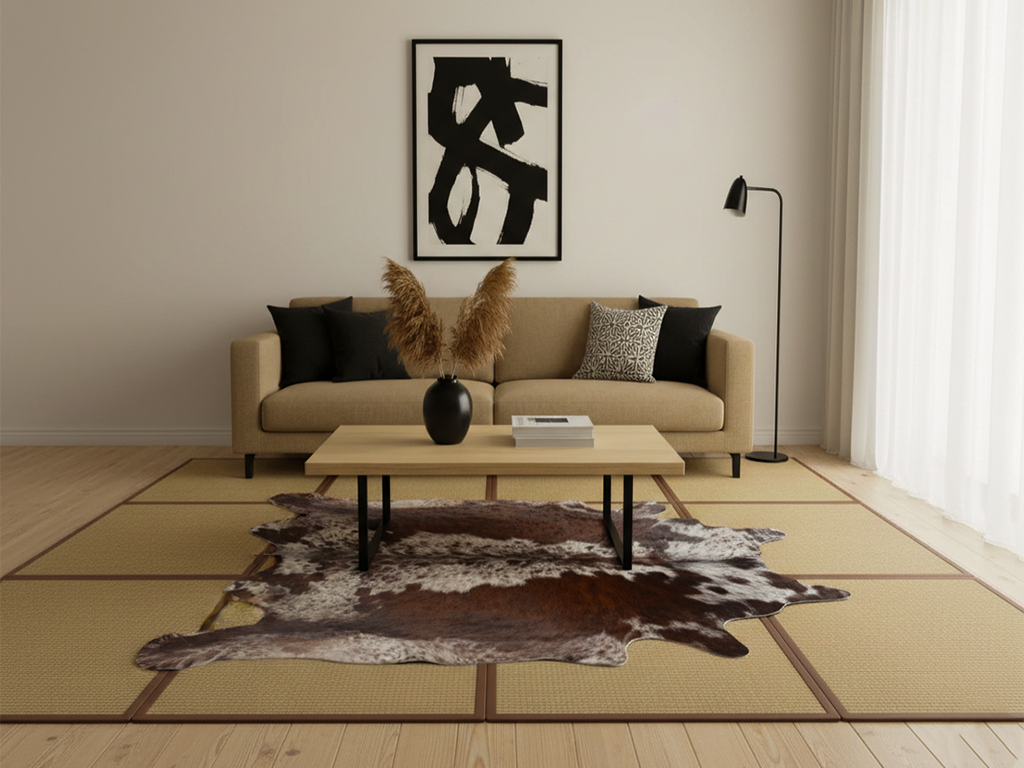 Tricolor Reddish Brown and White Brindle Cowhide Rug