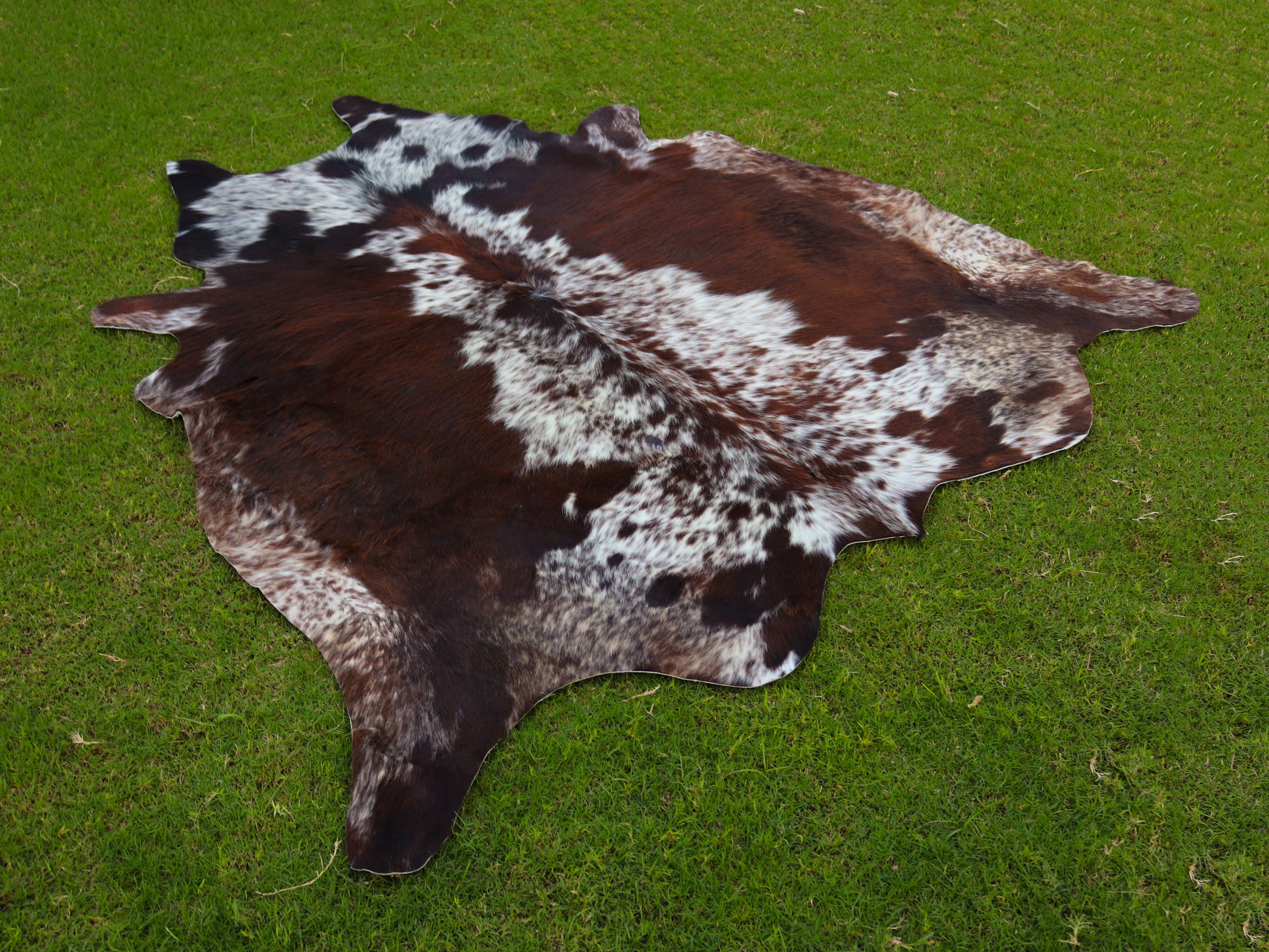 Tricolor Reddish Brown and White Brindle Cowhide Rug