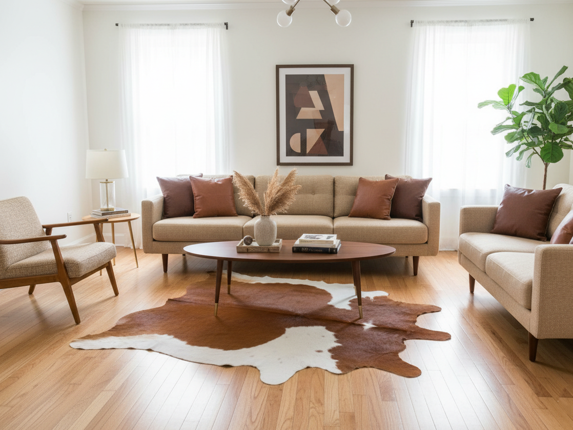 Brown and White Luxury Cowhide Rug in Panda Print Style