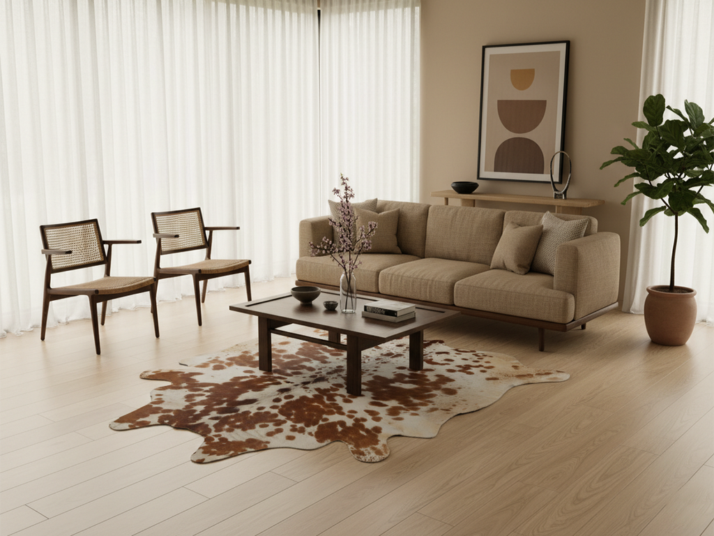 Brown and White Spotted Cowhide Rug for Home Decor