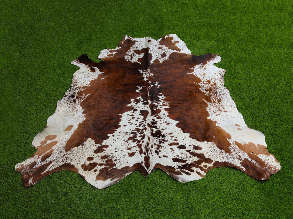Tricolor Brown and White Brindle Cowhide Rug