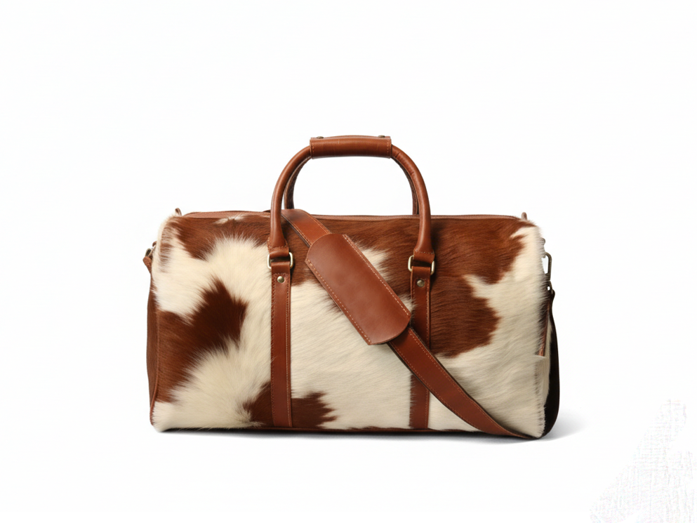 Cowhide Duffel Bag - Brown and White