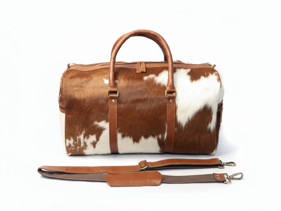 Cowhide Duffel Bag - Brown and White