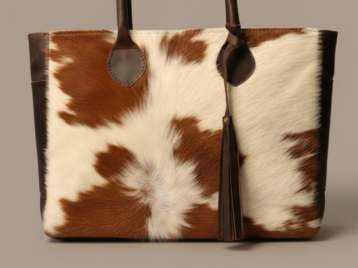 Cowhide Tote Bag - Tan Brown and White