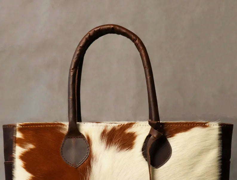 Cowhide Tote Bag - Tan Brown and White