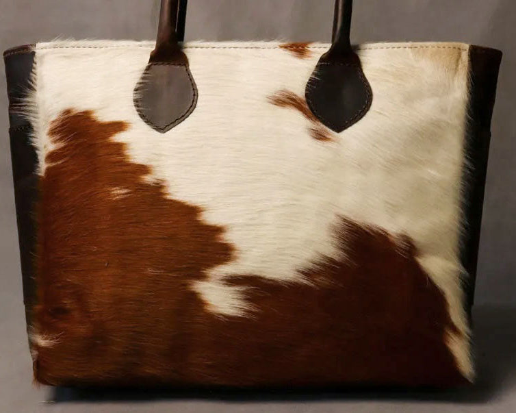 Cowhide Tote Bag - Tan Brown and White