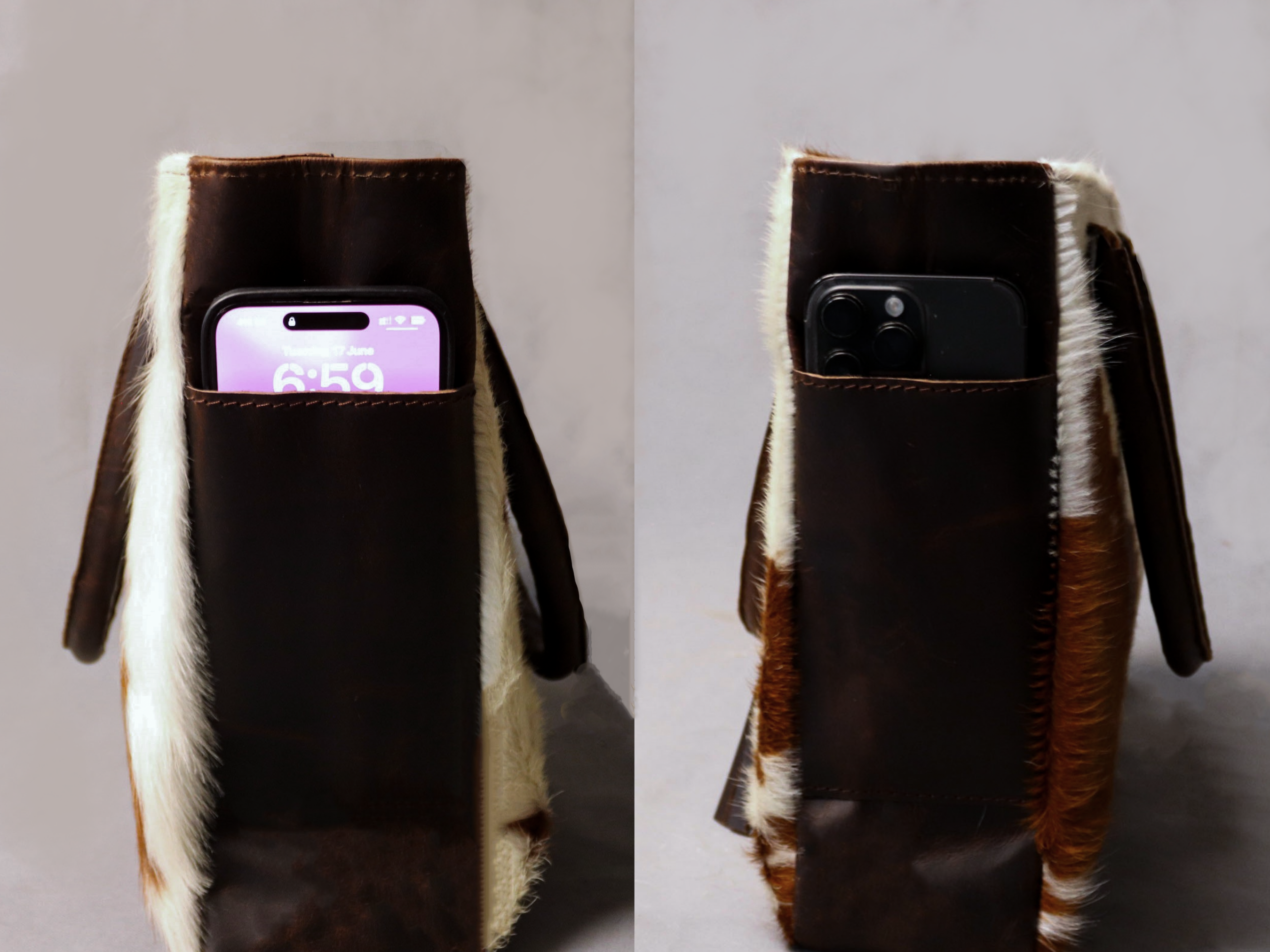 Cowhide Tote Bag - Tan Brown and White