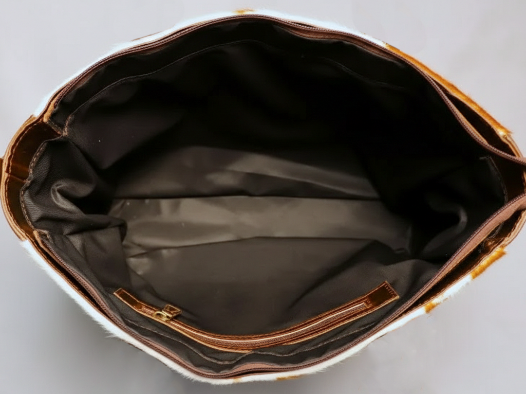 Cowhide Tote Bag - Tan Brown and White