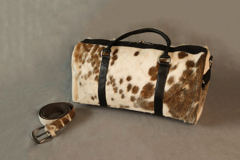 Cowhide Duffel Bag - Beige and White Color