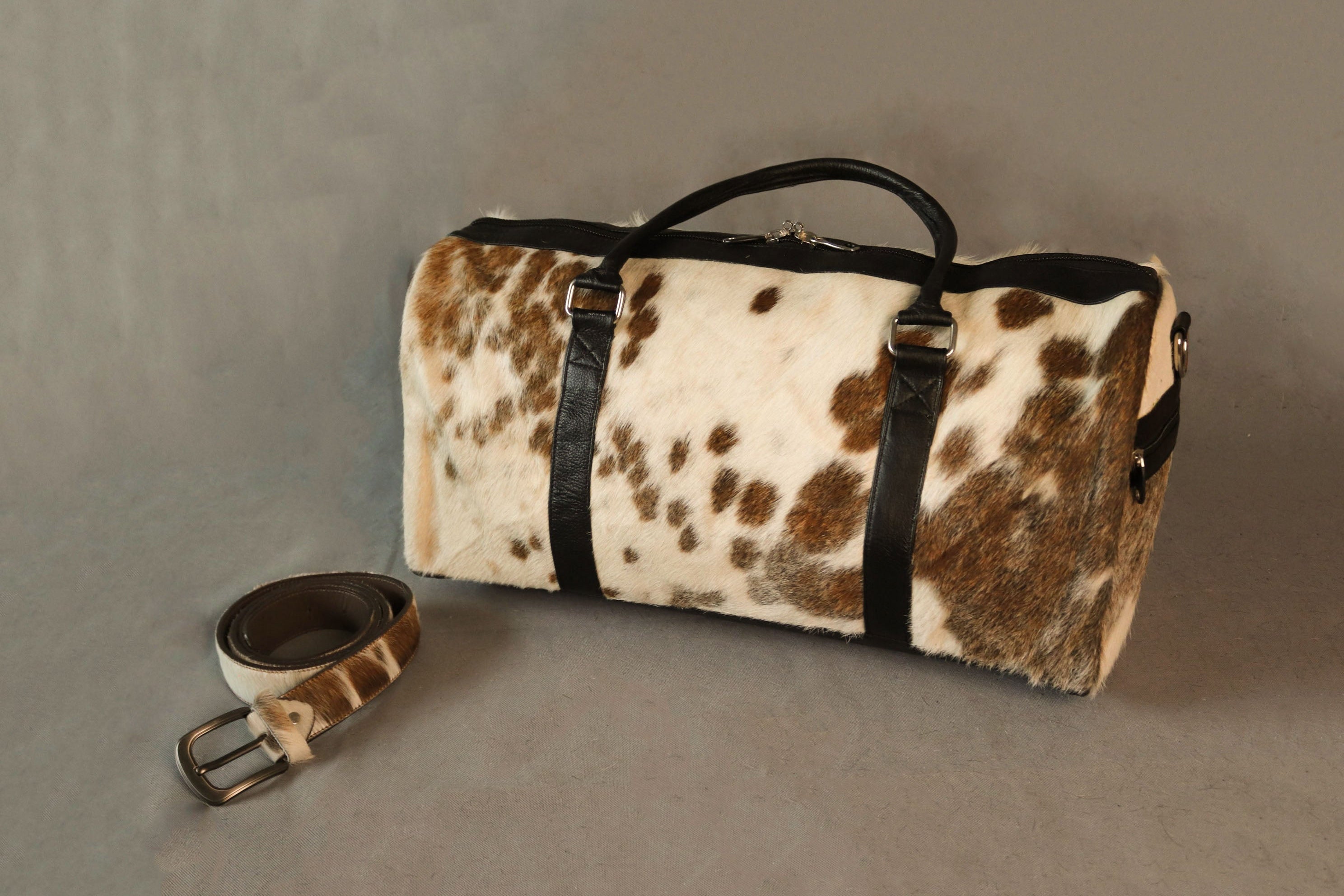 Cowhide Duffel Bag - Beige and White Color