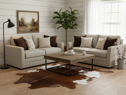 Brown and White Panda Print Cowhide Rug