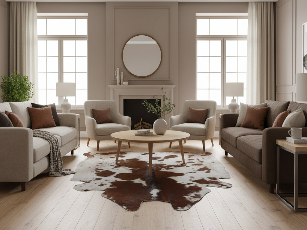 Brown and White Panda Print Cowhide Area Rug