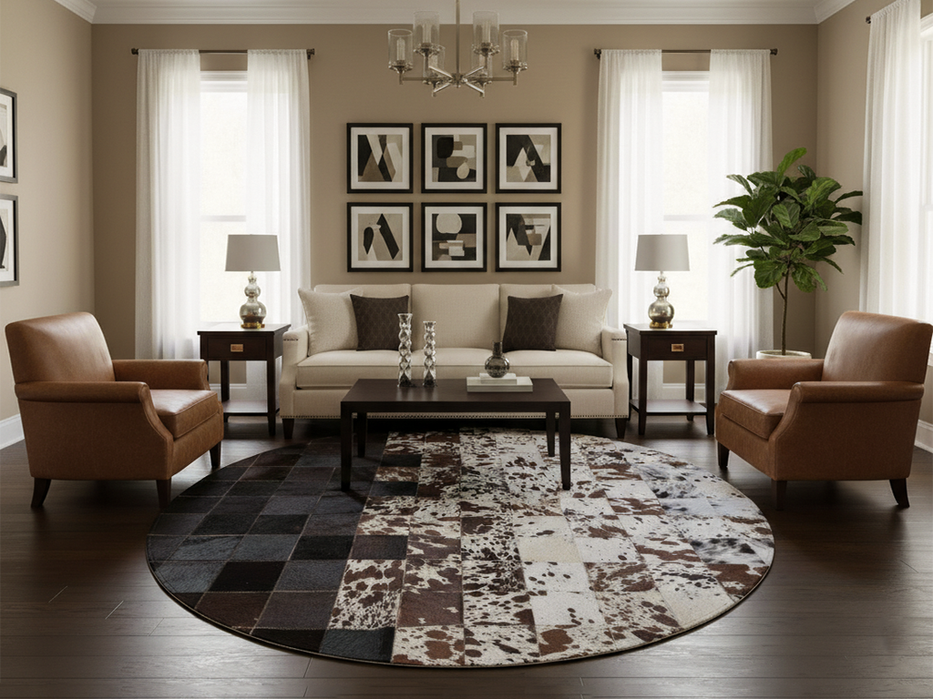 Circular Tricolor Hair On Patchwork Rug – Designer Rug