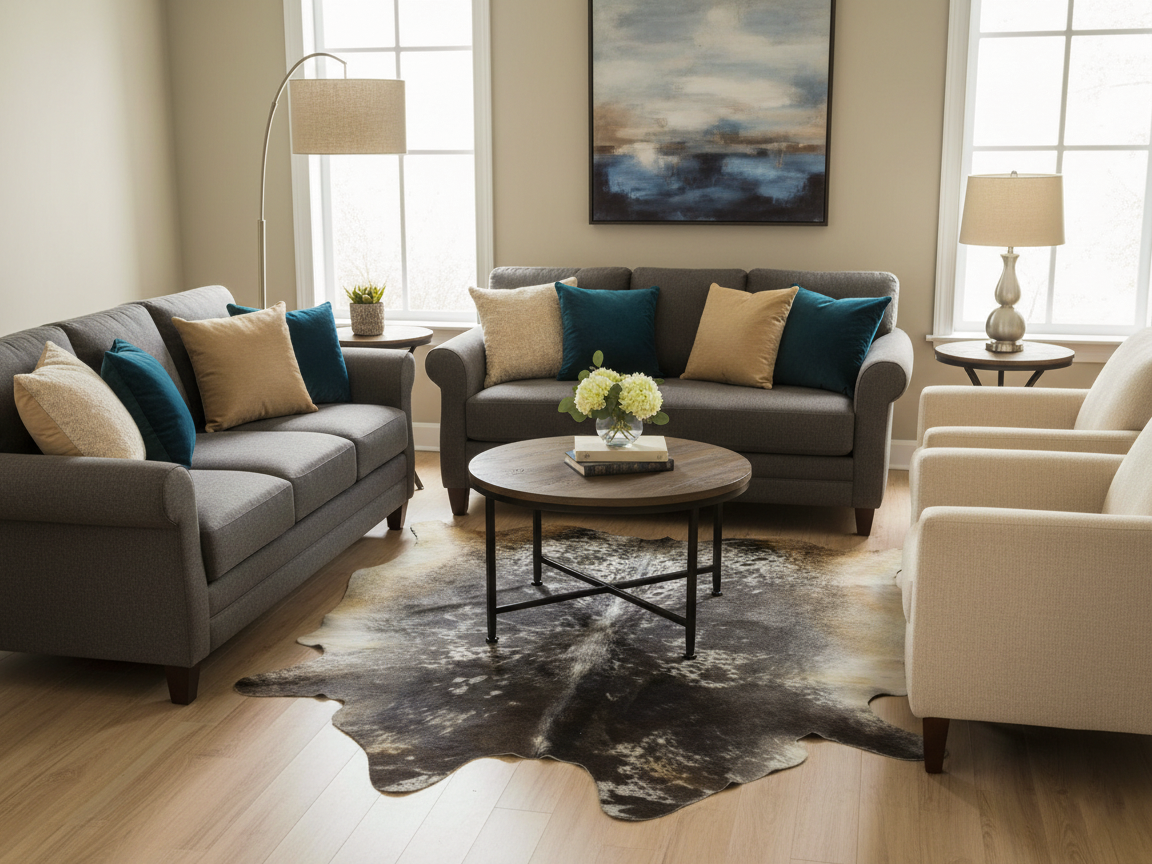 Luxury Grey and White Cowhide Rug in Speckled Print