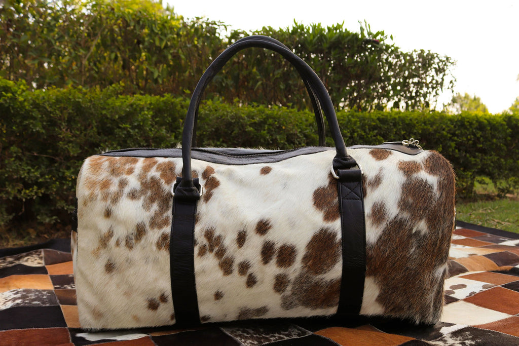 Cowhide Duffel Bag - Beige and White Color