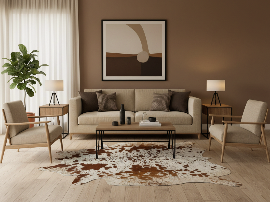 Tan Brown and White Spotted Cowhide Rug for Home Decor