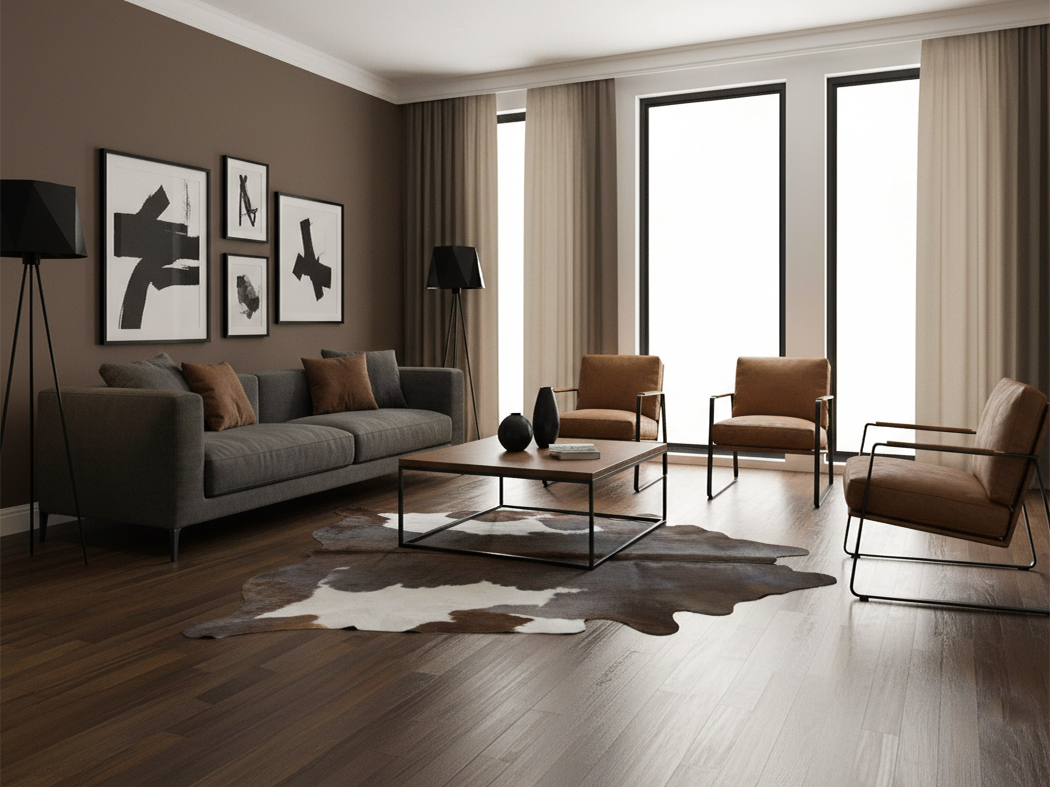 Chocolate Brown and White Cowhide Rug in Panda Print Style