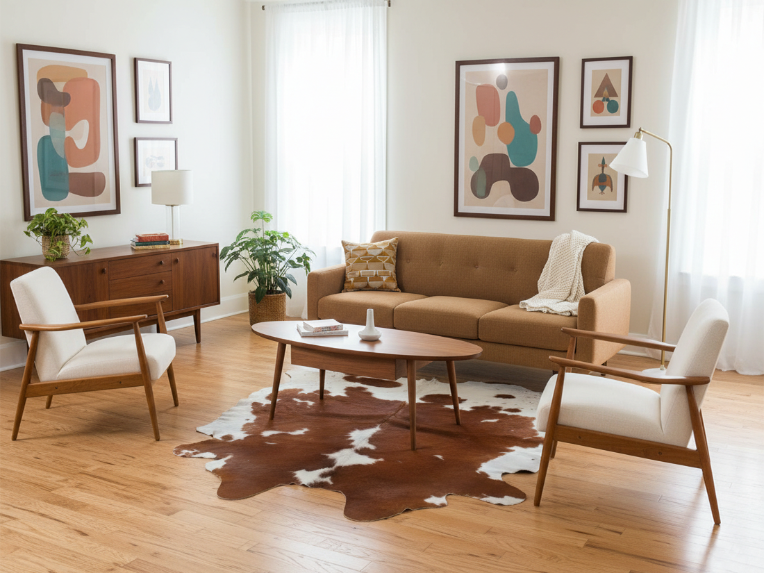 Brown and White Cowhide Rug in Panda Print Style