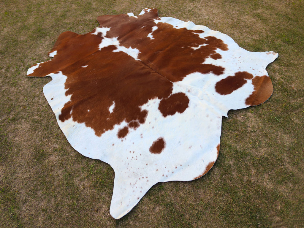 Brown and White Cowhide Rug in Panda Print Style