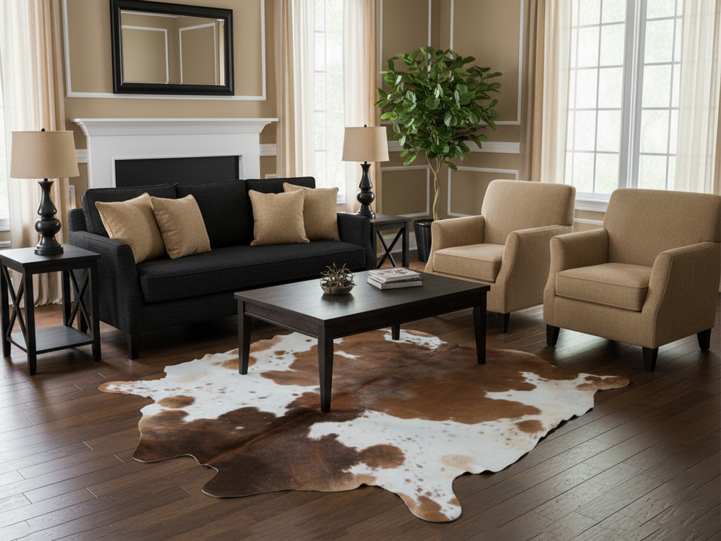 Beige and White Cowhide Rug in Panda Print Style