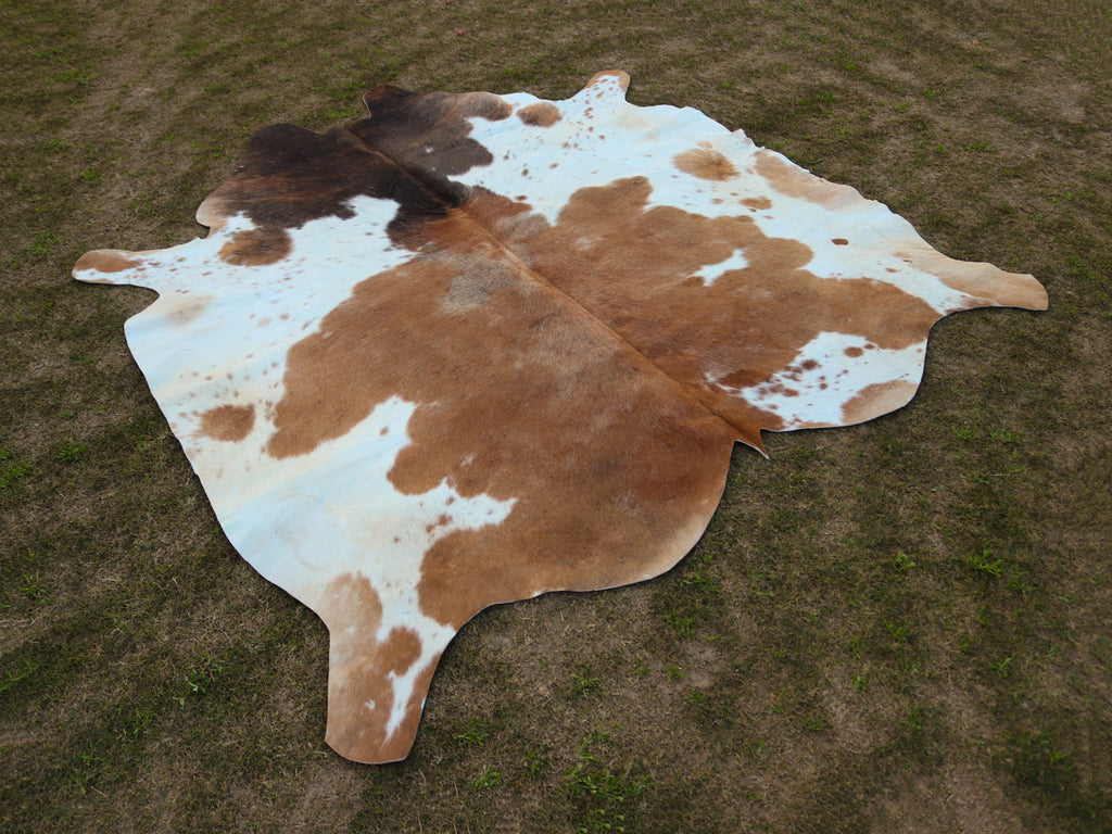 Beige and White Cowhide Rug in Panda Print Style