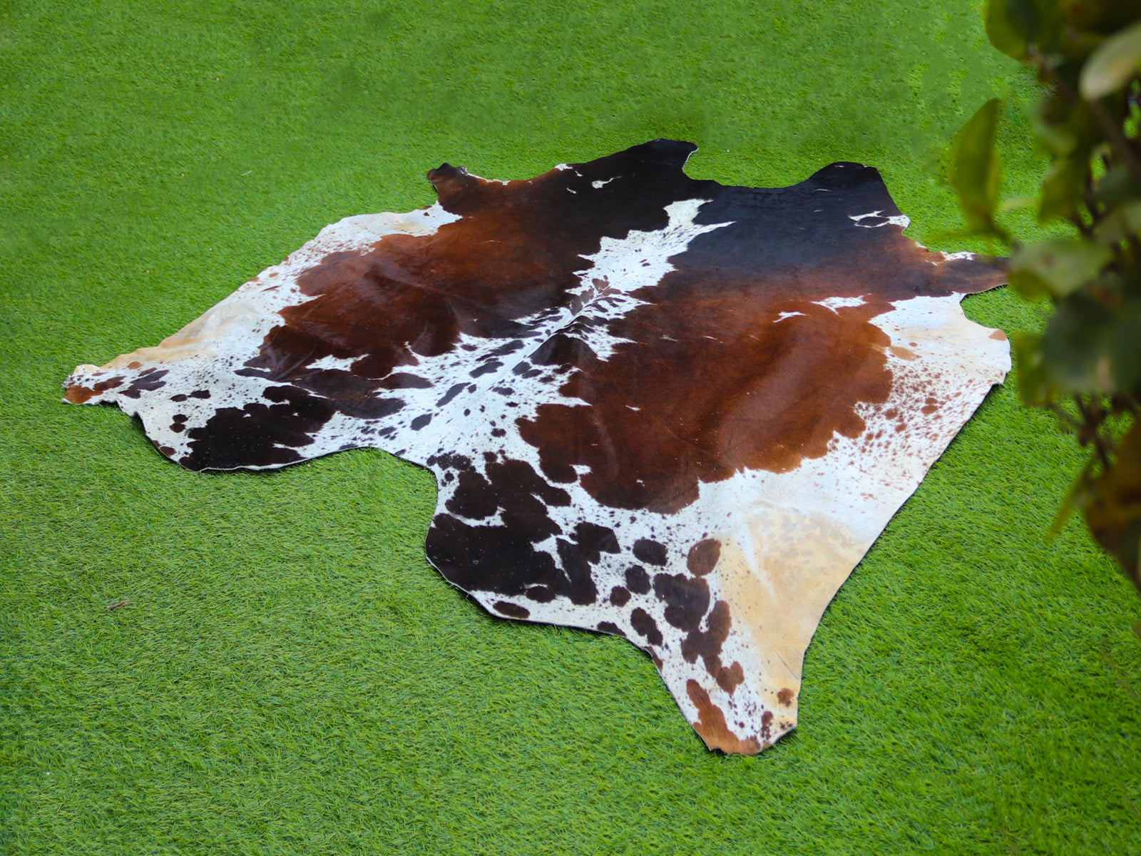 Tricolor Reddish Brown and White Cowhide Rug